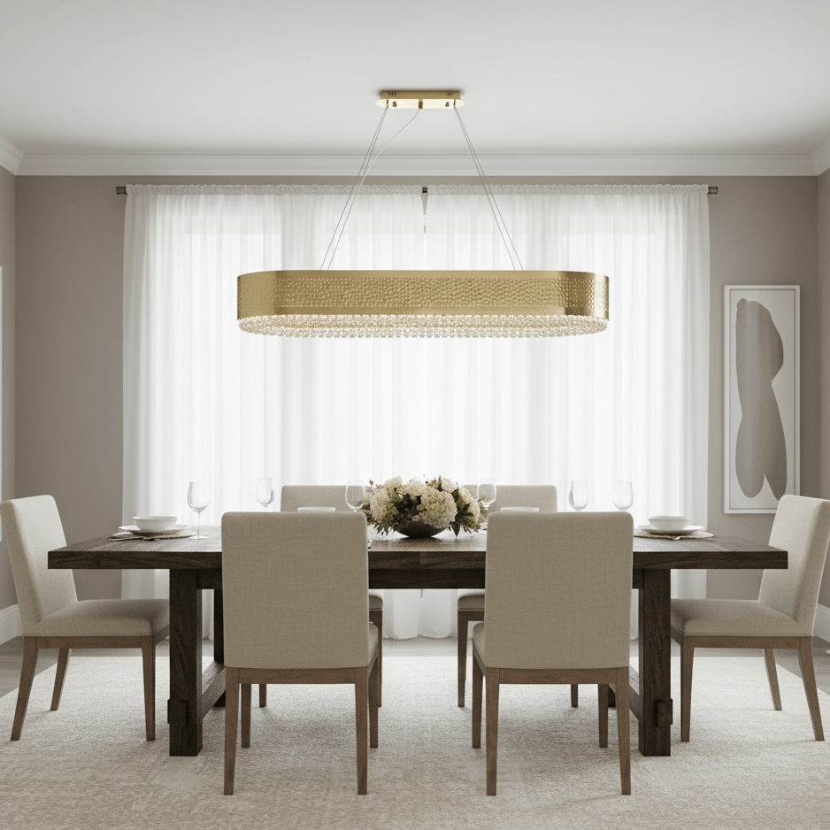 Giovanni gold crystal dining chandelier over a dining table