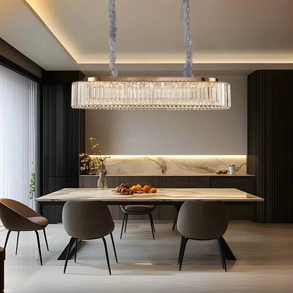 Gio crystal dining chandelier on chrome stainless steel over a dining table Main image