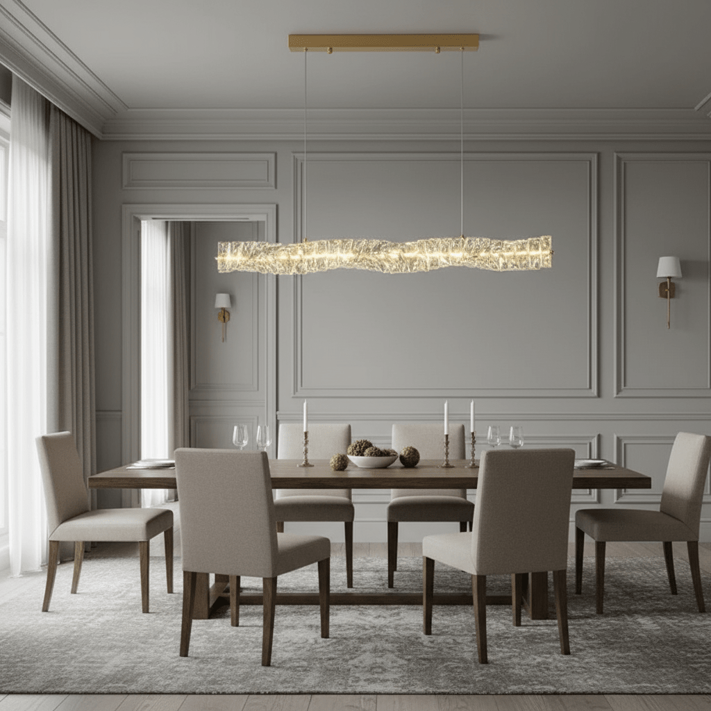 Bacci 60-inch linear crystal dining chandelier over a long table Main image