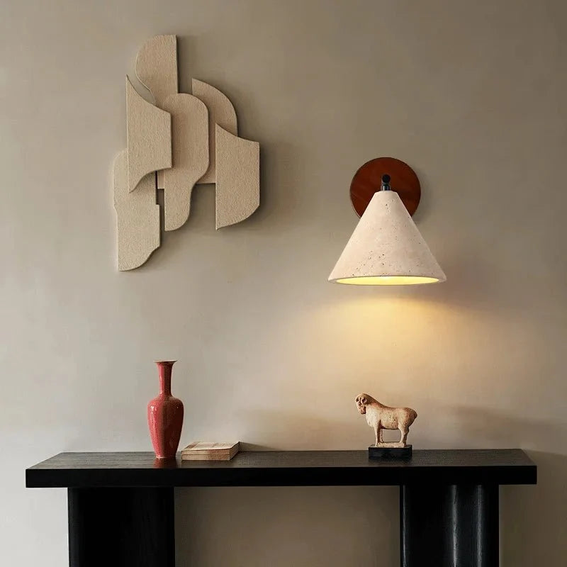 Siena travertine and wood wall sconce full view Main image