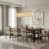 Detail of brass and marble on the Stanton dining chandelier