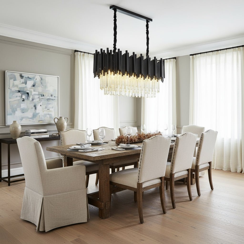 Vigo crystal dining room chandelier by Morsale.com, a 40-inch rectangular stainless steel frame with a crystal arrangement above a dining table. Main image