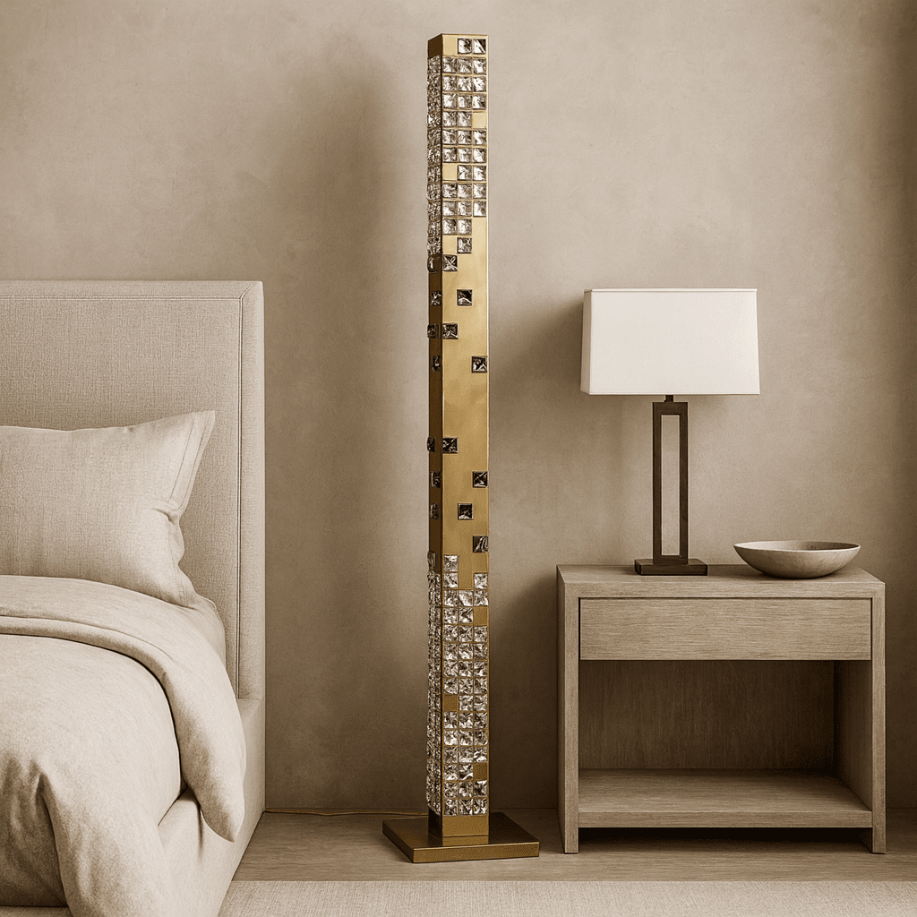 Aurelia crystal tower floor lamp illuminated in a living room
