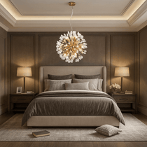 Side view of the Vanci crystal dandelion chandelier by Morsale.com showing the spherical burst of crystal-tipped arms.