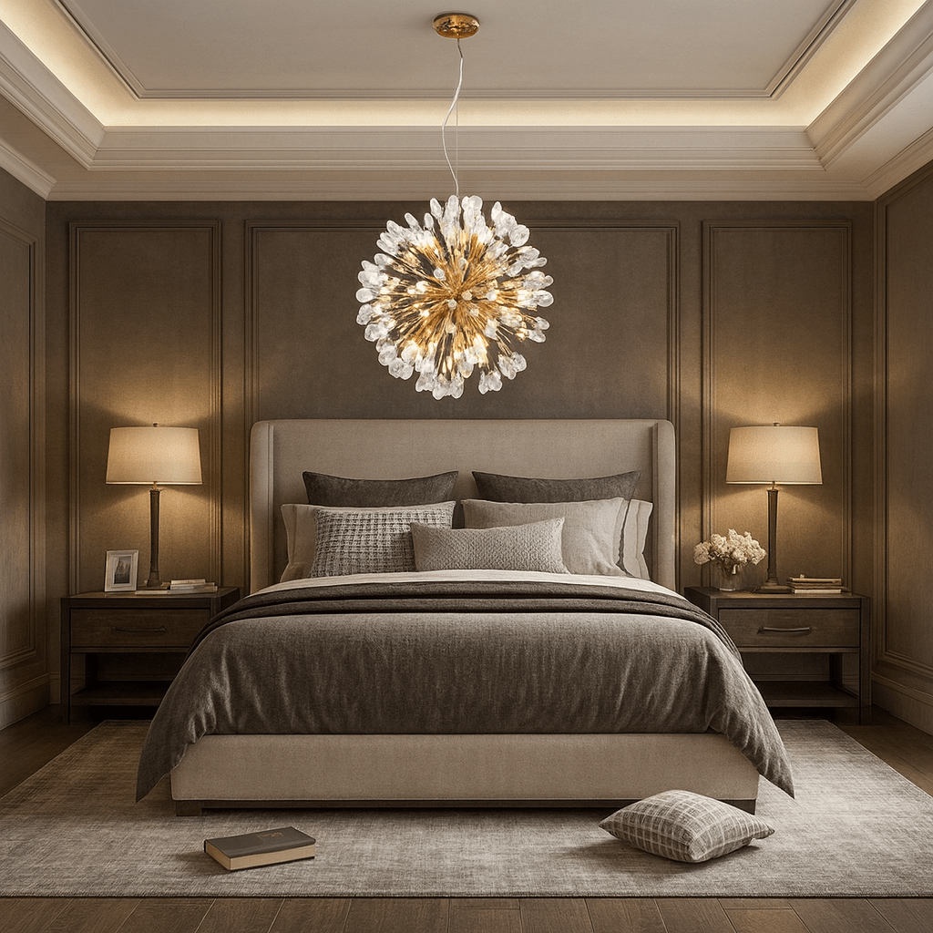 Side view of the Vanci crystal dandelion chandelier by Morsale.com showing the spherical burst of crystal-tipped arms.