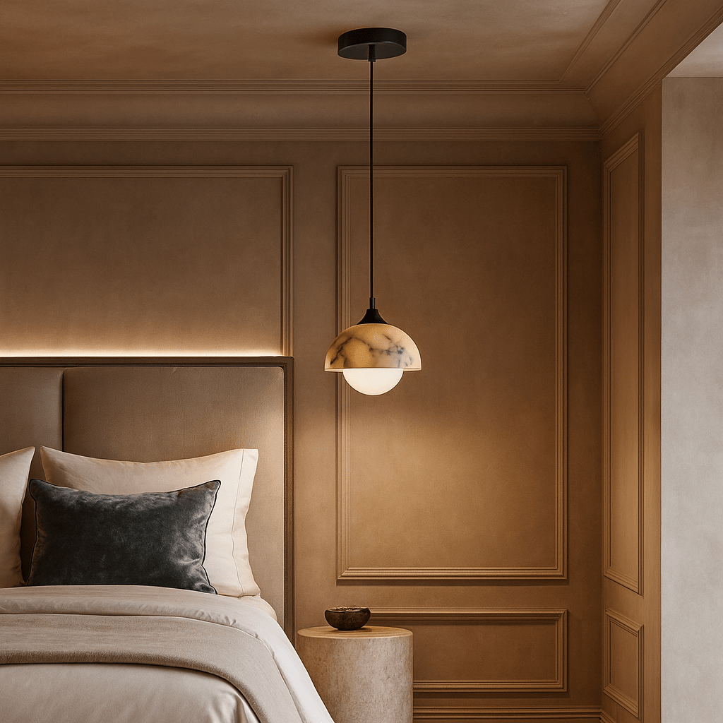 Aeris marble pendant illuminated over a kitchen island