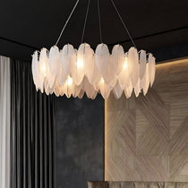 Side view of the Foglia art glass chandelier by Morsale.com showing the layered leaf-cut glass pieces.