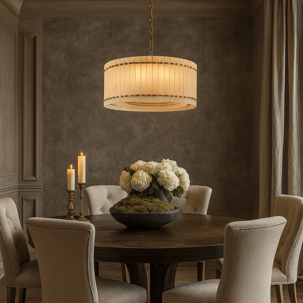 Valmont 24-inch round marble chandelier illuminated