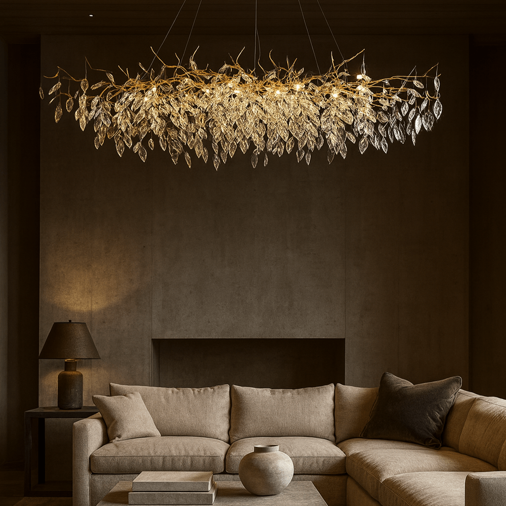 Albero crystal chandelier on a gold frame over a dining table Main image