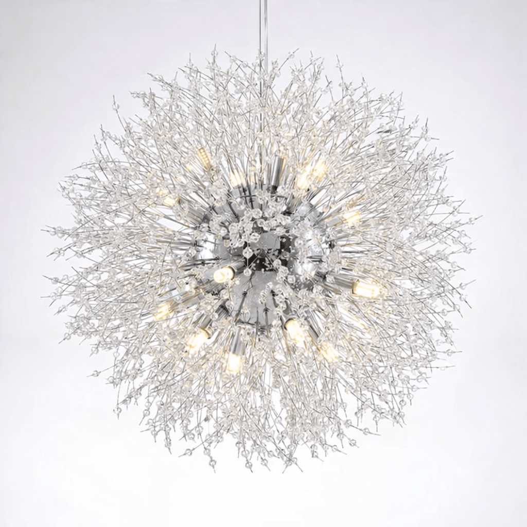 Full view of the El Sol crystal dandelion lighting fixture by Morsale.com, 23-inch clear crystal sphere on a steel frame.