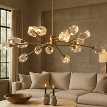 The Diamante copper and crystal chandelier from Morsale.com casting bright light, clear crystal orbs on a copper frame.