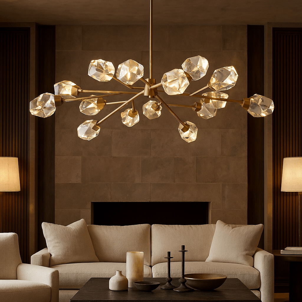 Diamante 15-pendant modern chandelier by Morsale.com, fifteen clear crystal orbs suspended from a warm copper frame above a dining table. Main image