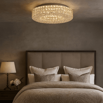 Bacci crystal flush mount illuminated on a ceiling