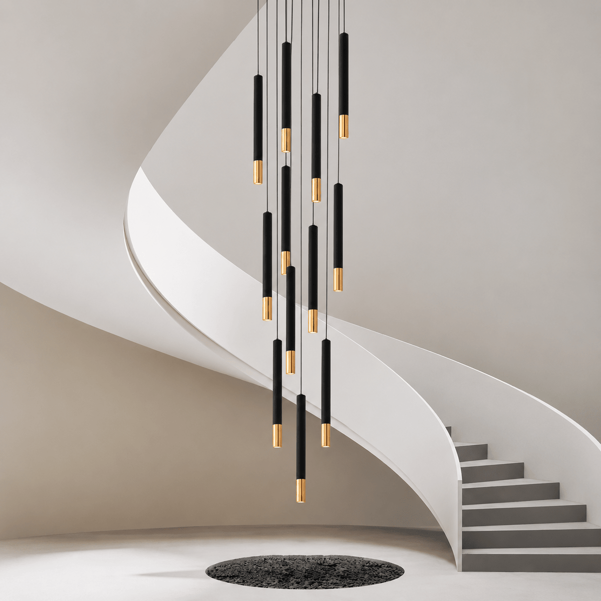 Linea black and gold LED tube chandelier full fixture view Main image