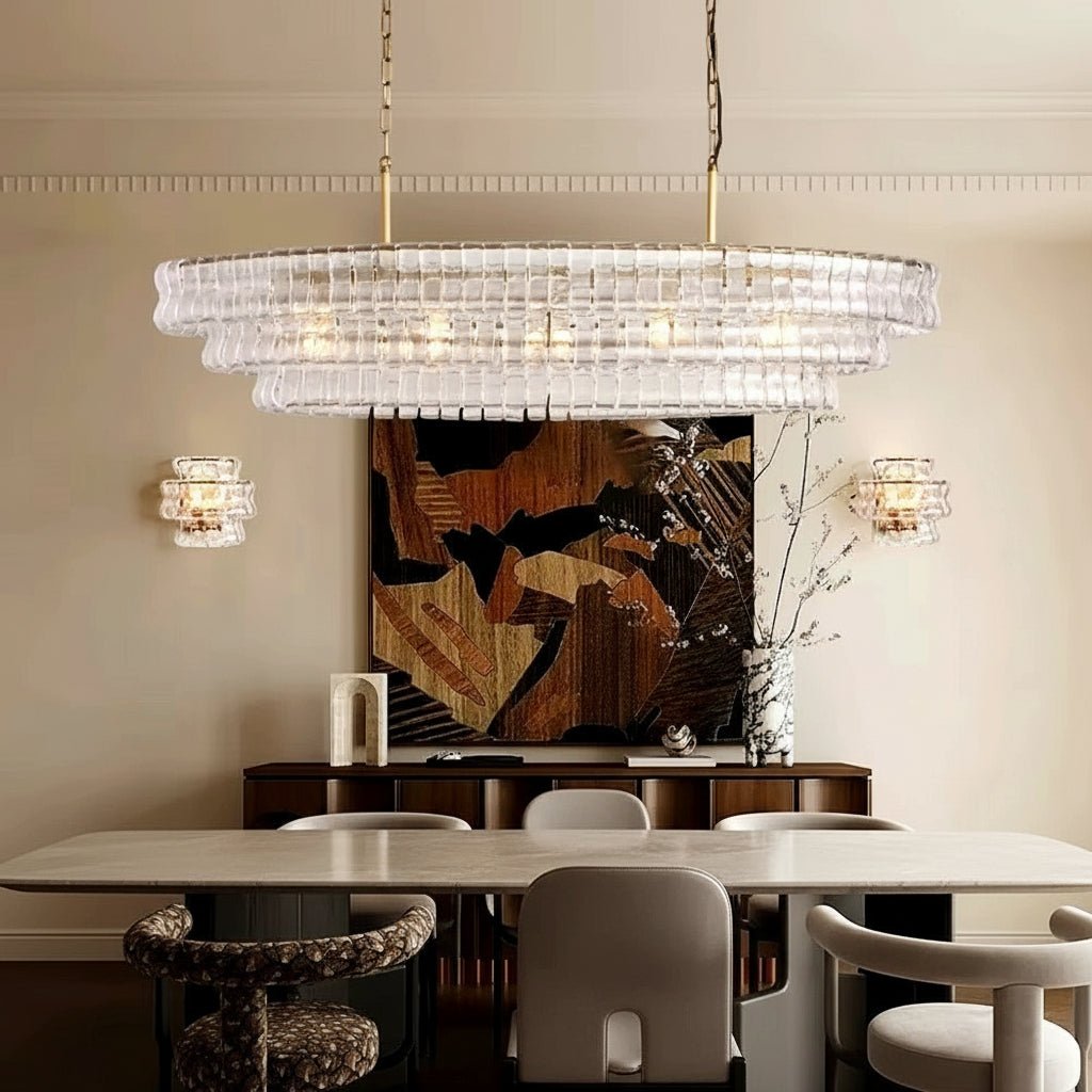 Tiered hand-cast clear glass panels on a polished iron frame
