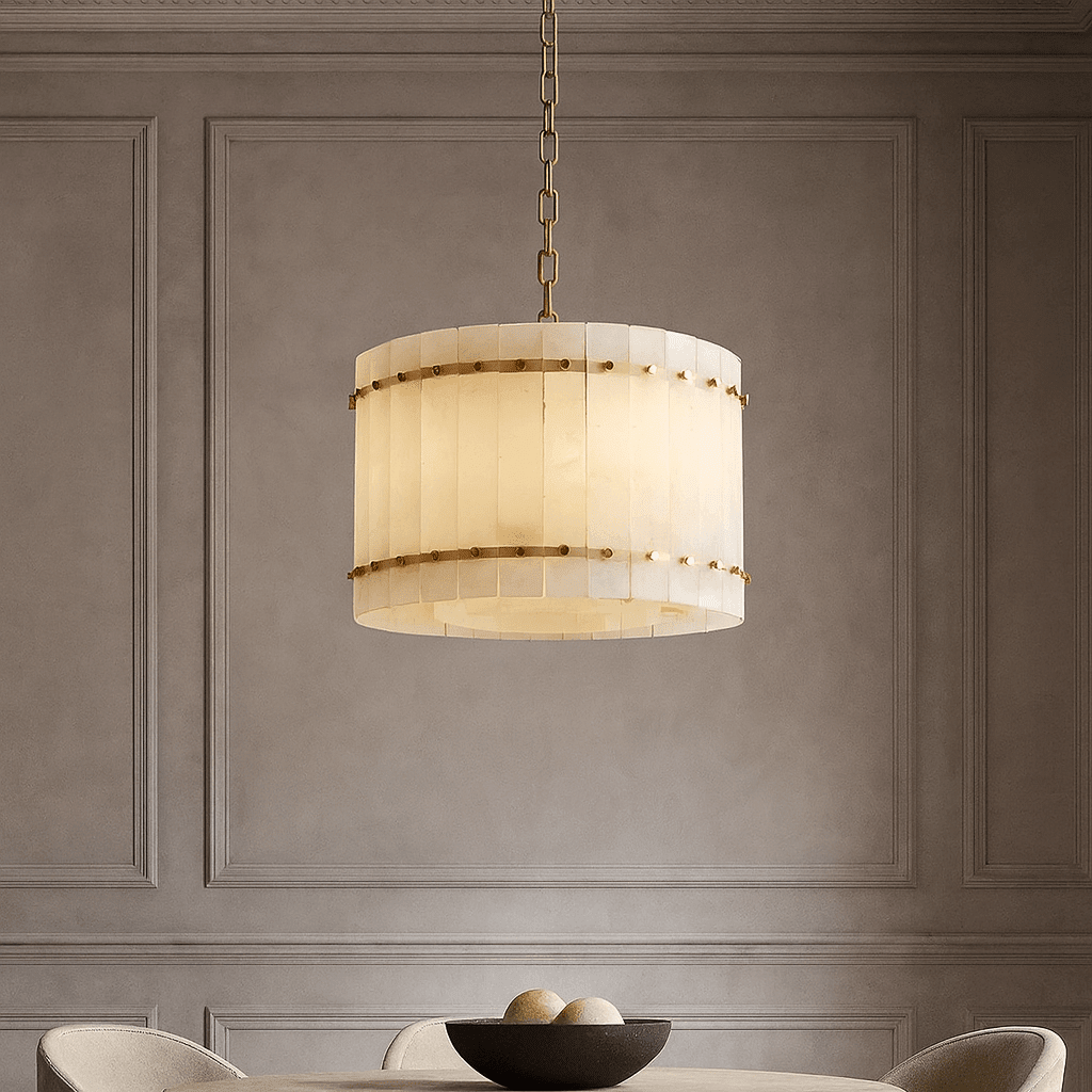 Valmont 16-inch round marble chandelier glowing warm from within Main image