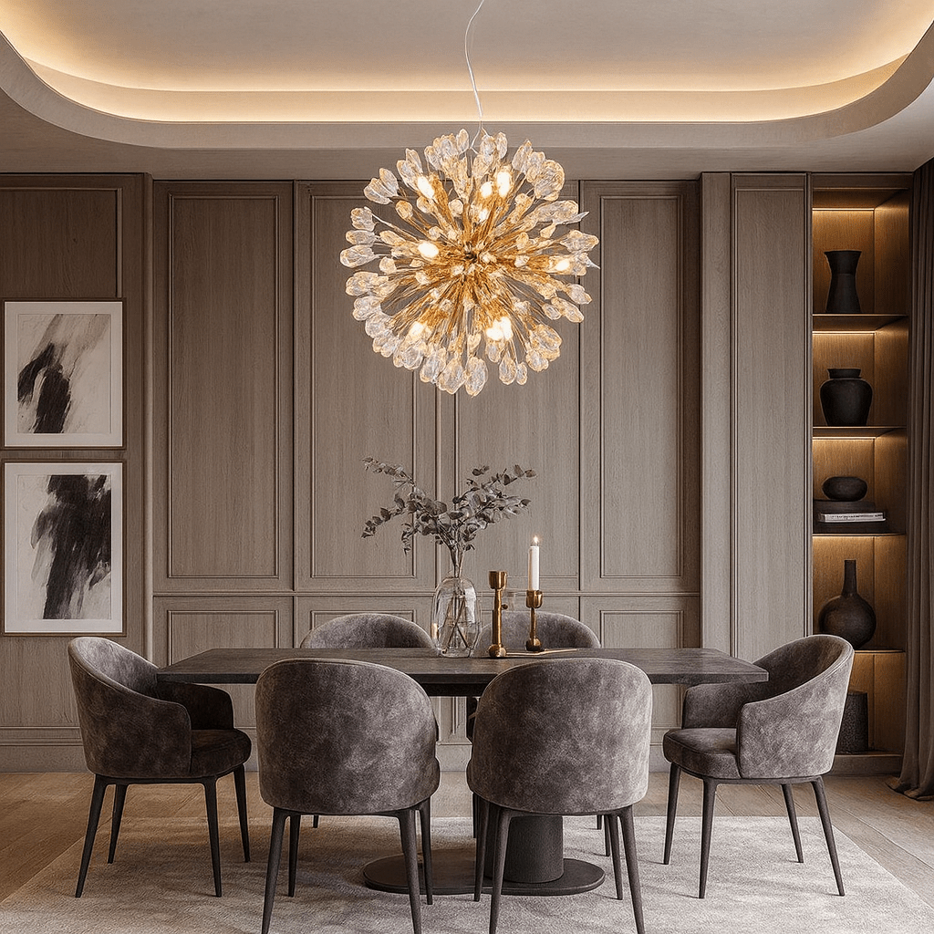Vanci crystal dandelion chandelier by Morsale.com, a 30-inch 16-light sphere with clear crystal tips on a steel and aluminum frame above a dining table. Main image