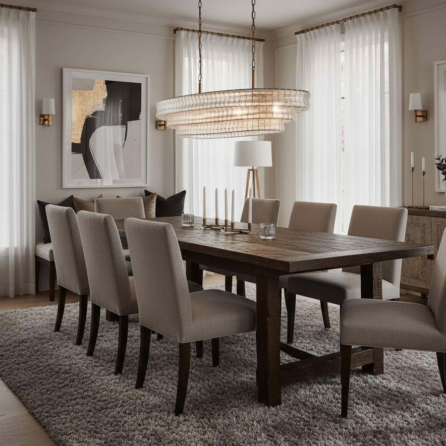 Riviera clear glass chandelier refracting bright light over a table