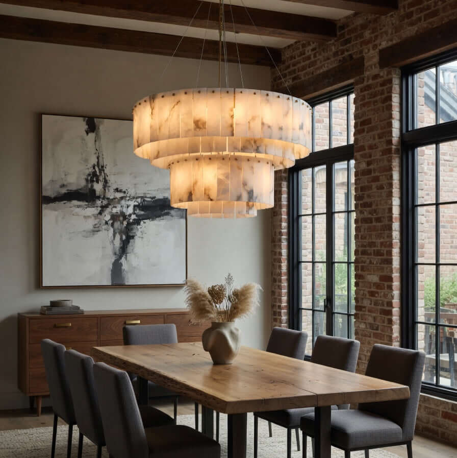 Oakley layered marble chandelier illuminated over a dining table