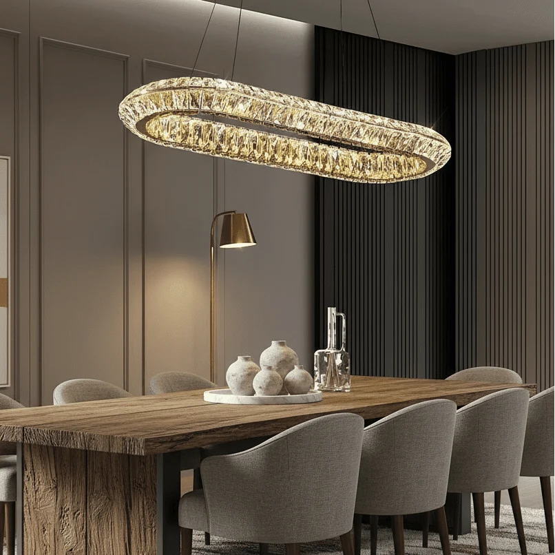 Bacci 47-inch linear crystal dining chandelier on steel Main image