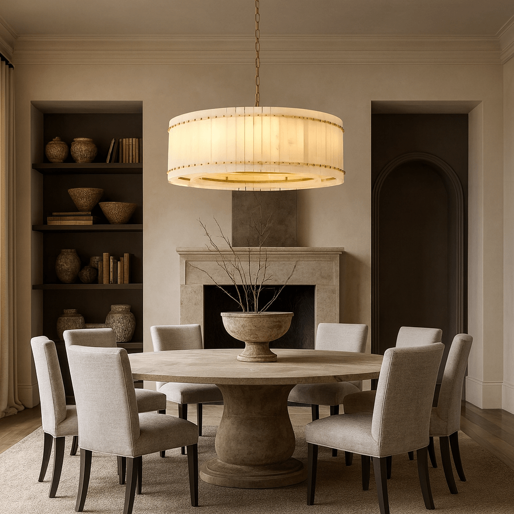 Valmont 31-inch round marble chandelier glowing warm from within Main image