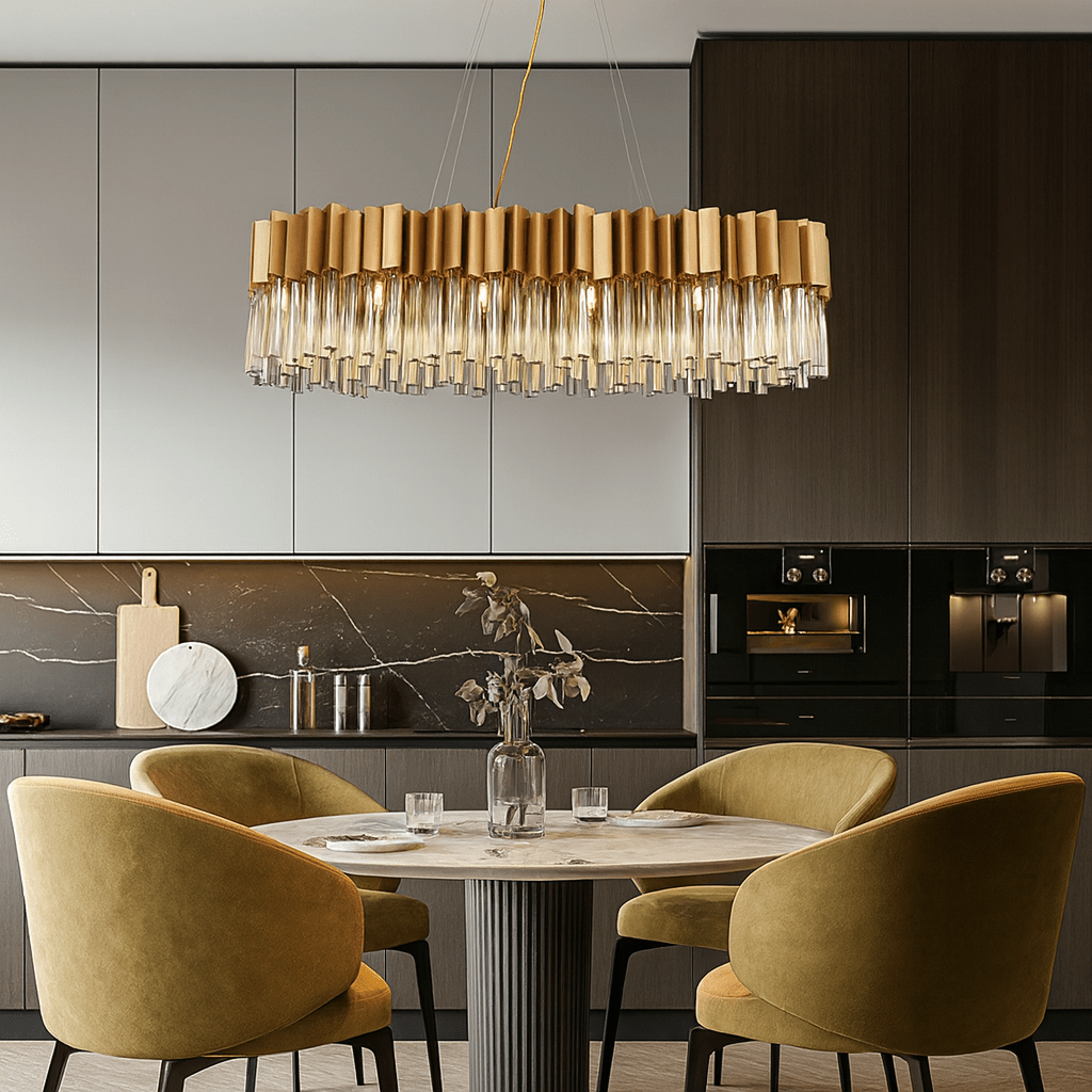 Milano rectangular crystal dining chandelier over a dining table Main image