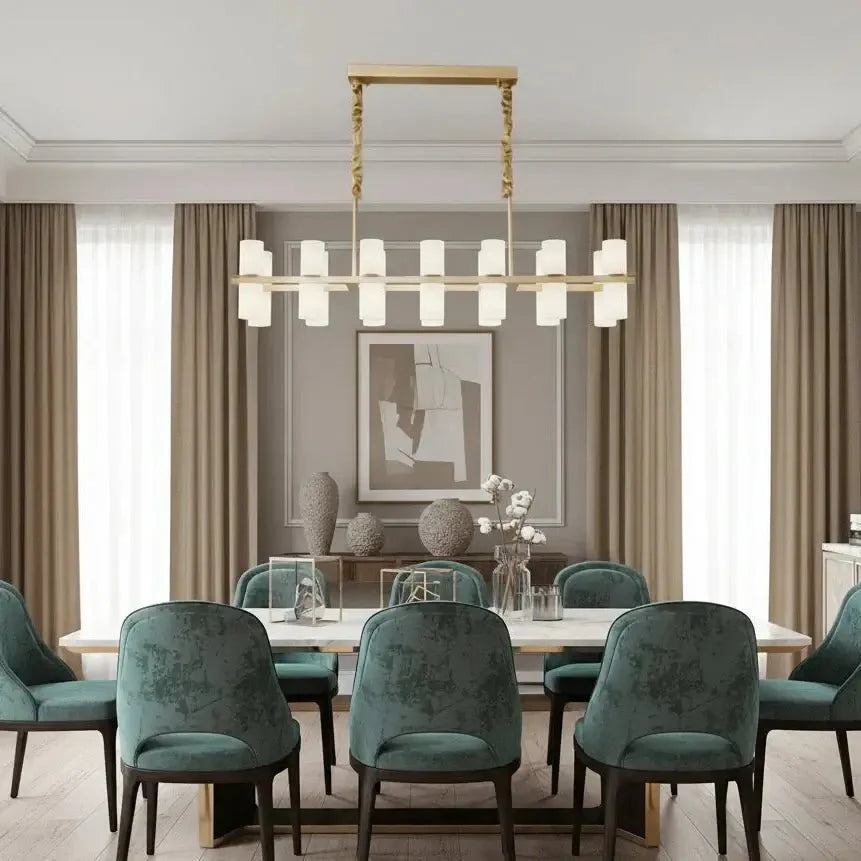 Lunara linear marble chandelier over a dining table Main image