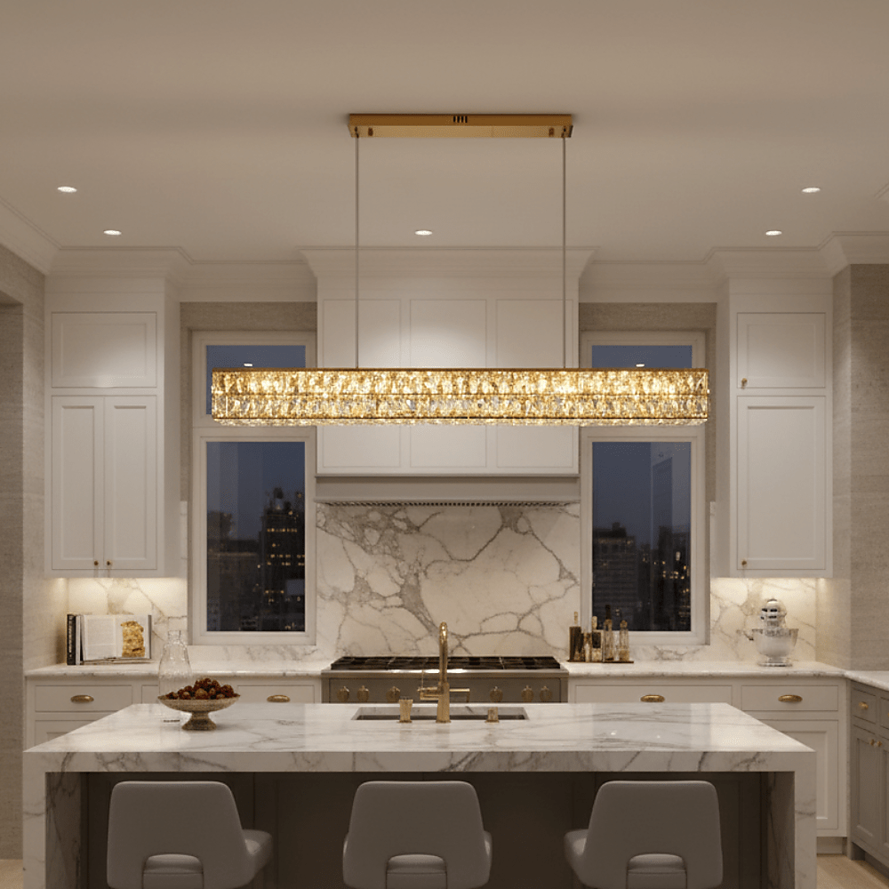 Bacci gold crystal linear dining chandelier over a long table Main image