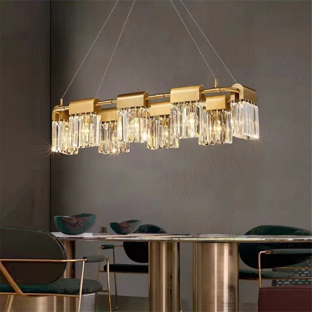 Gio modern linear crystal dining chandelier on a slim bar Main image