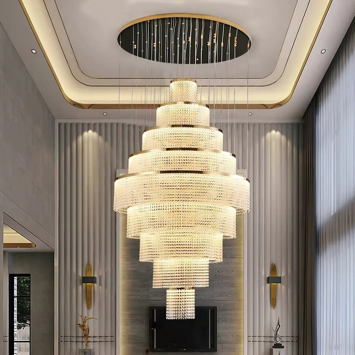 Alleri long crystal staircase chandelier in a grand stairwell Main image
