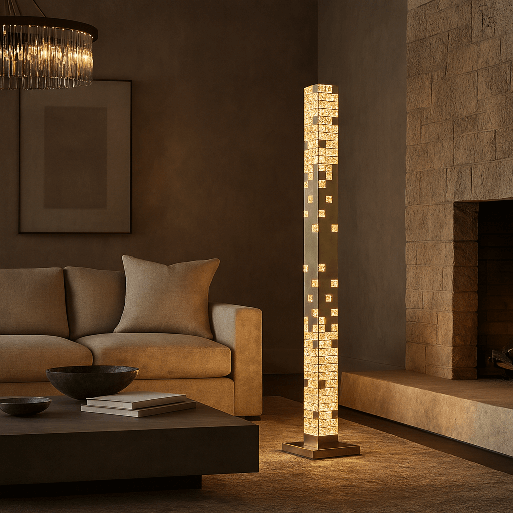 Aurelia crystal floor lamp beside a sofa