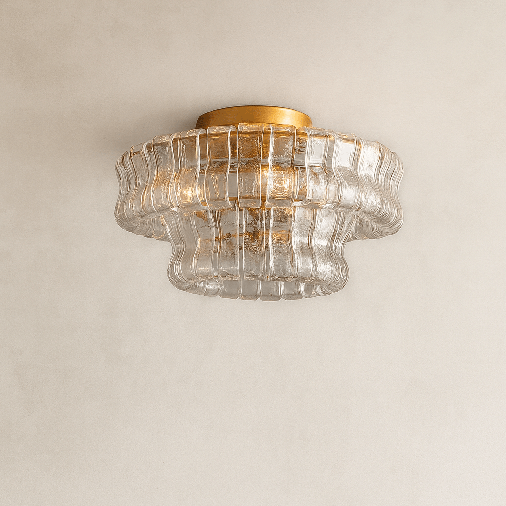 Detail of hand-cast glass panels on the Riviera flush mount