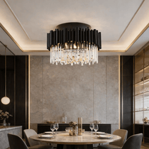 Vigo crystal flush mount chandelier with black steel frame on a ceiling
