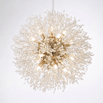 The El Sol crystal dandelion fixture by Morsale.com in a chrome finish, illuminated 23-inch sphere.