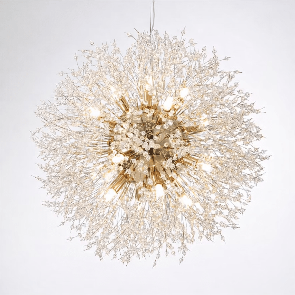 The El Sol crystal dandelion fixture by Morsale.com in a chrome finish, illuminated 23-inch sphere.
