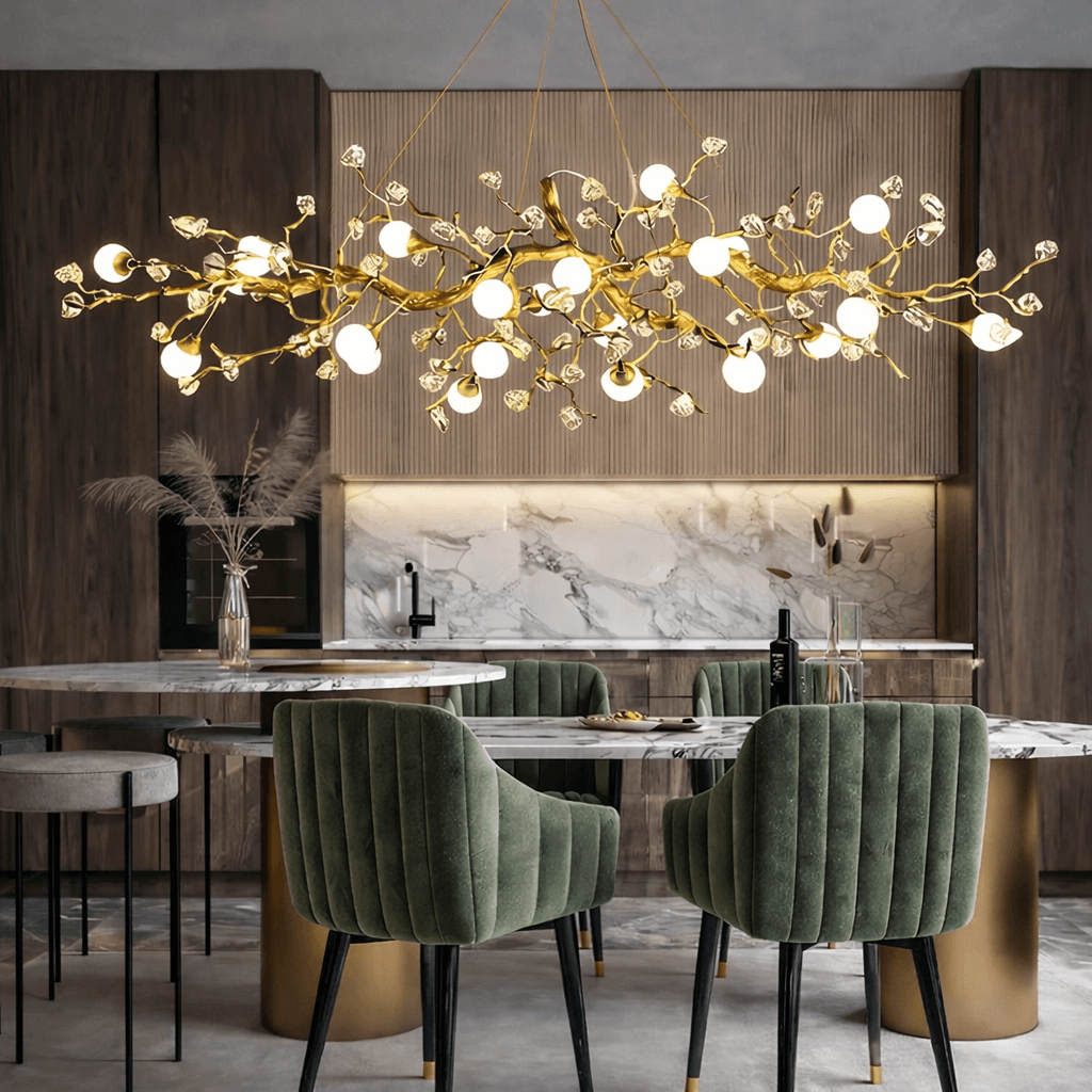 Albero sculptural gold branch chandelier over a dining table Main image