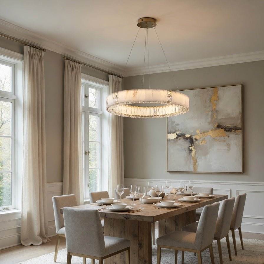 Stafford marble and crystal chandelier in Spanish stone over a dining table Main image