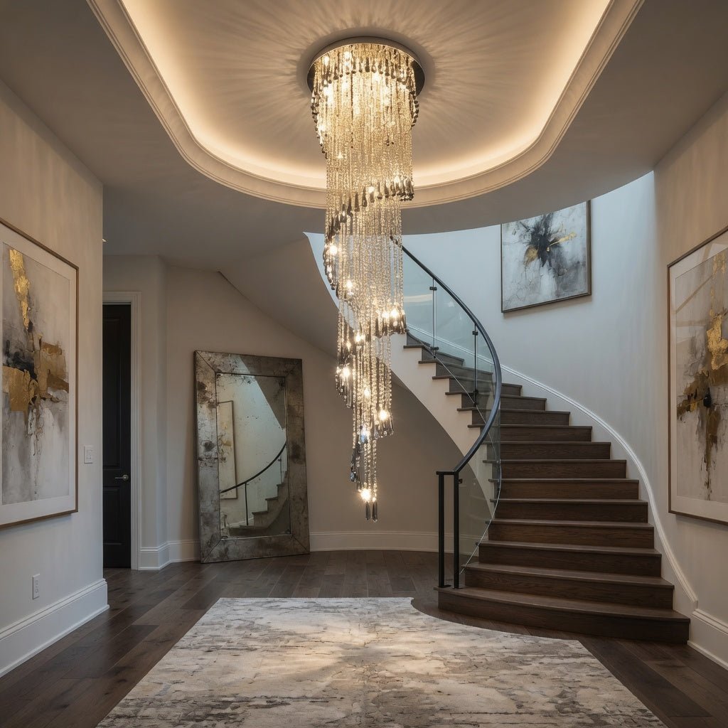 Detail of precision-cut crystal on the Cascara staircase chandelier