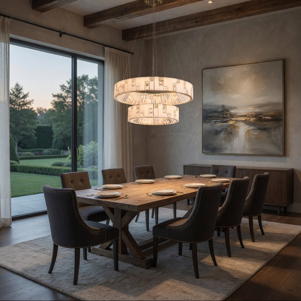 Edes marble and crystal chandelier illuminated