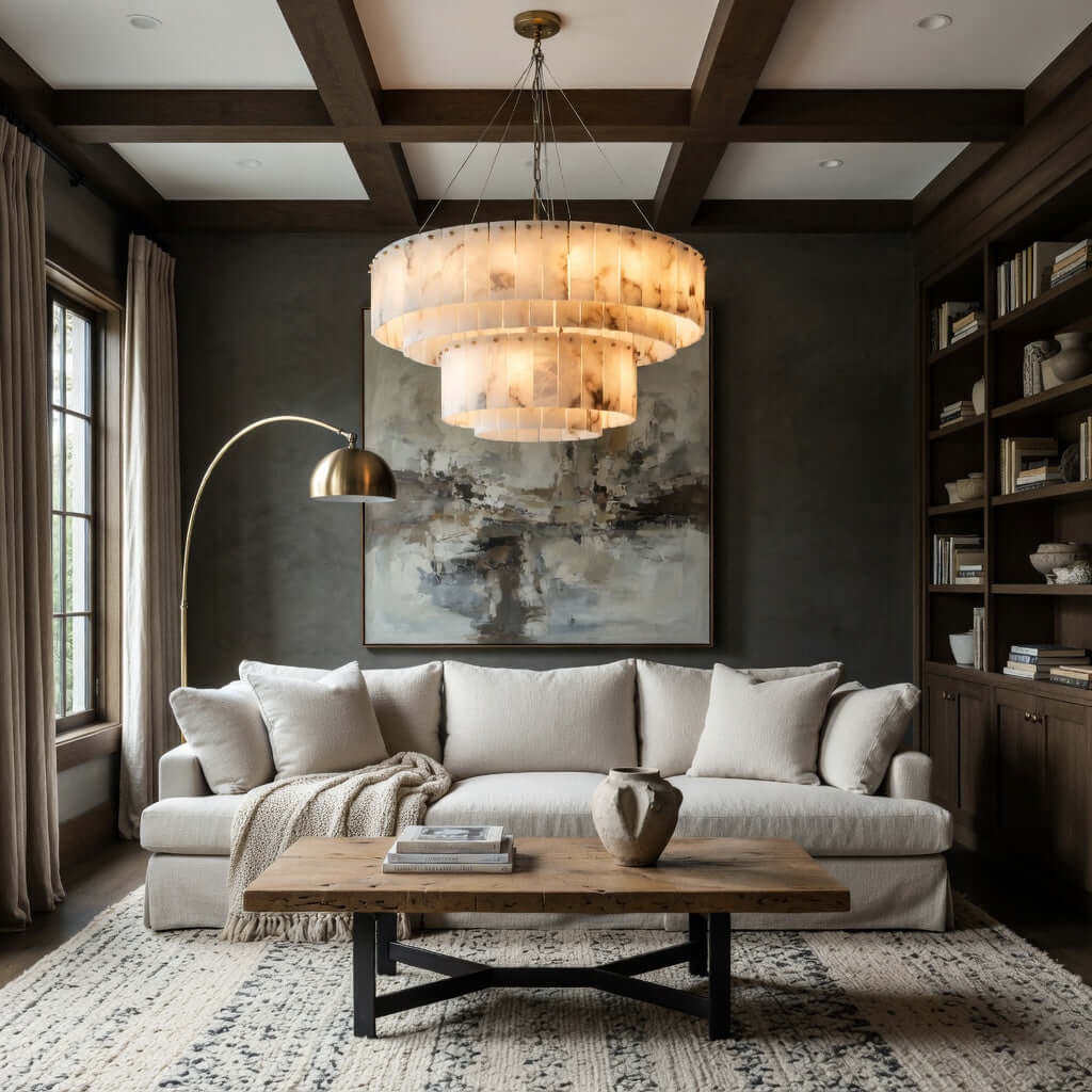 Oakley 31-inch layered marble chandelier in natural stone and brass Main image