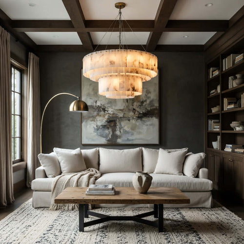Oakley 31-inch layered marble chandelier in natural stone and brass