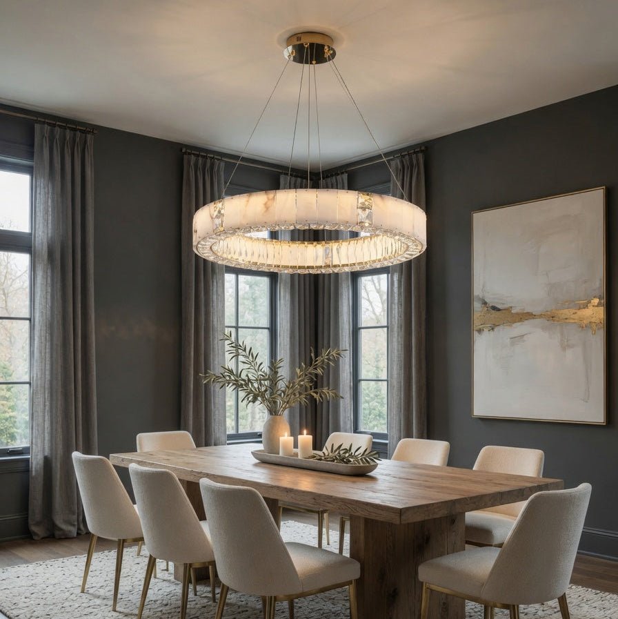 Detail of hand-carved Spanish marble and precision-cut crystal on the Stafford chandelier