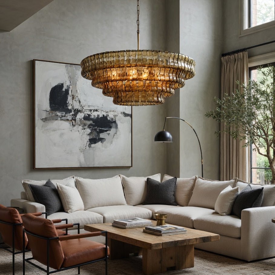 Riviera three-tier smoke grey glass chandelier full view