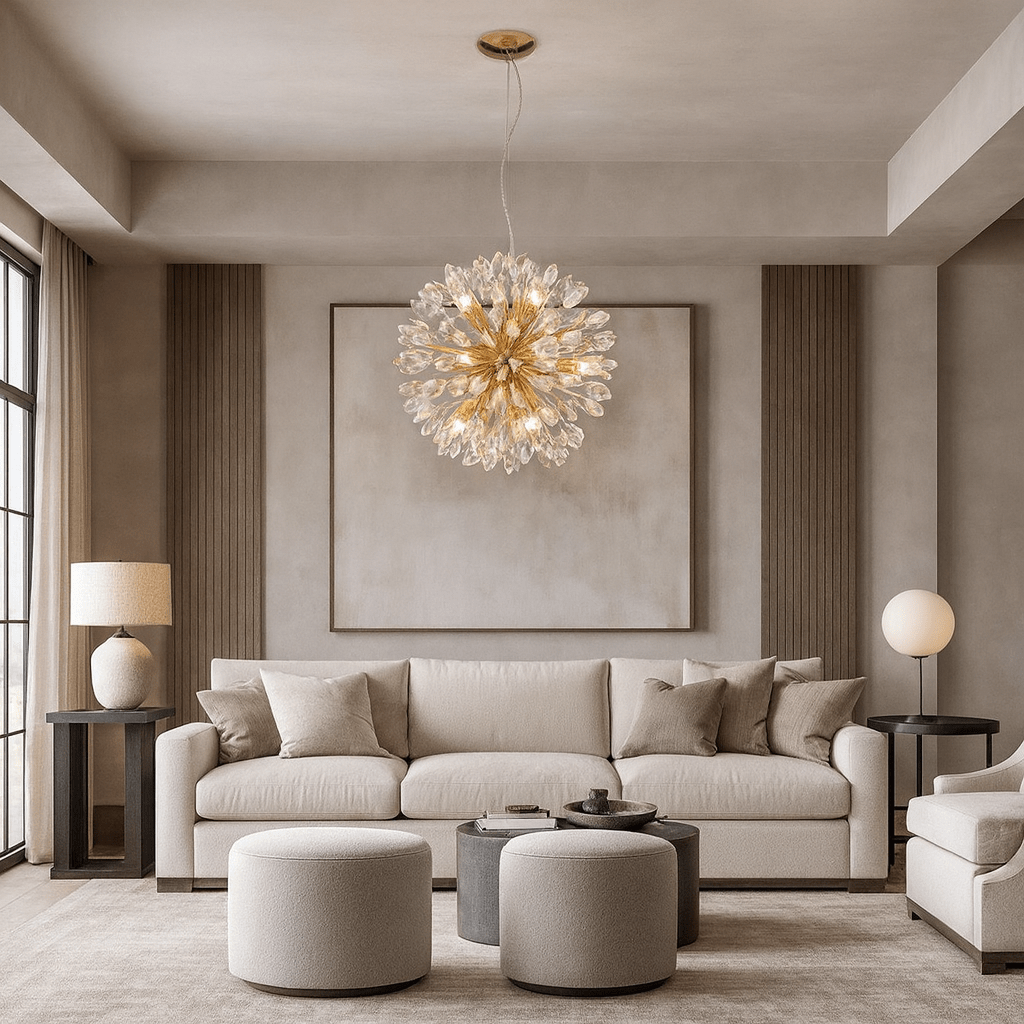 The Vanci dandelion chandelier from Morsale.com casting bright sparkle, sixteen crystal-tipped arms radiating from a central hub.