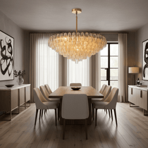 Detail of hand-blown glass shades on the Burnley chandelier