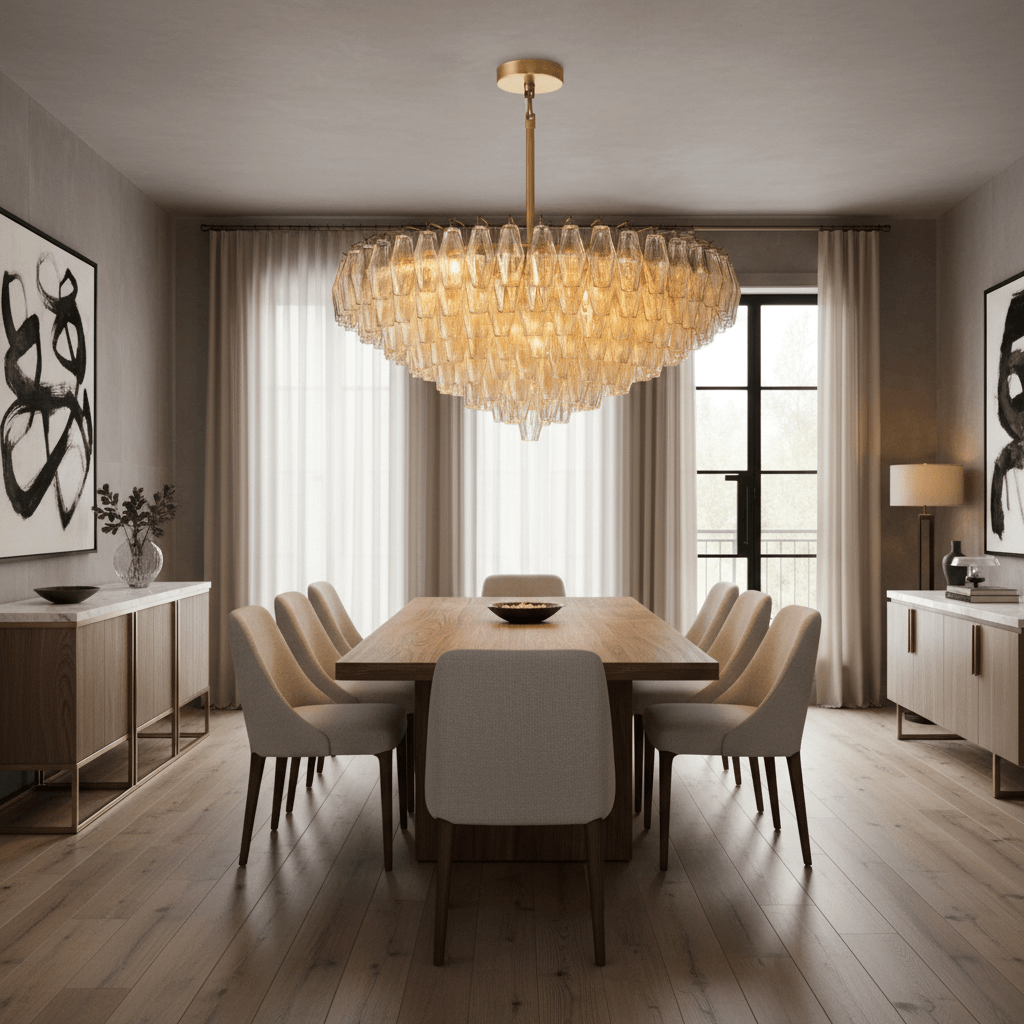 Detail of hand-blown glass shades on the Burnley chandelier