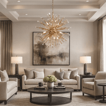 Side view of the Weston Sputnik chandelier by Morsale.com showing the 12 radiating arms and rose gold finish.