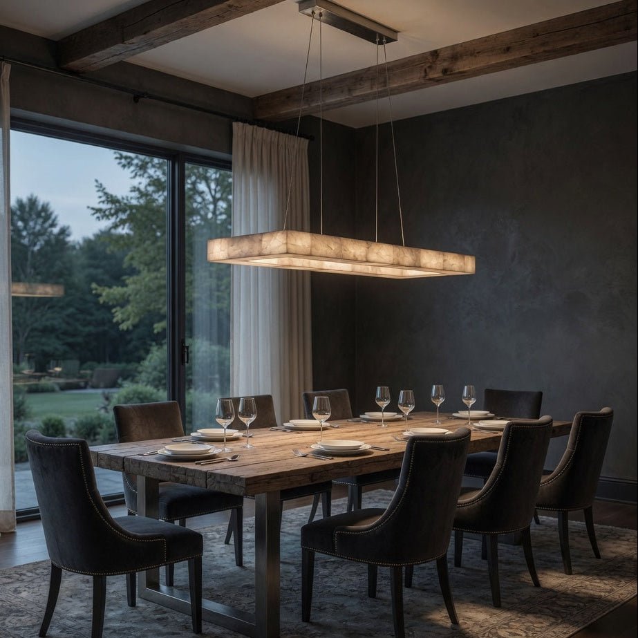 Owens linear marble chandelier on a steel frame over a dining table Main image