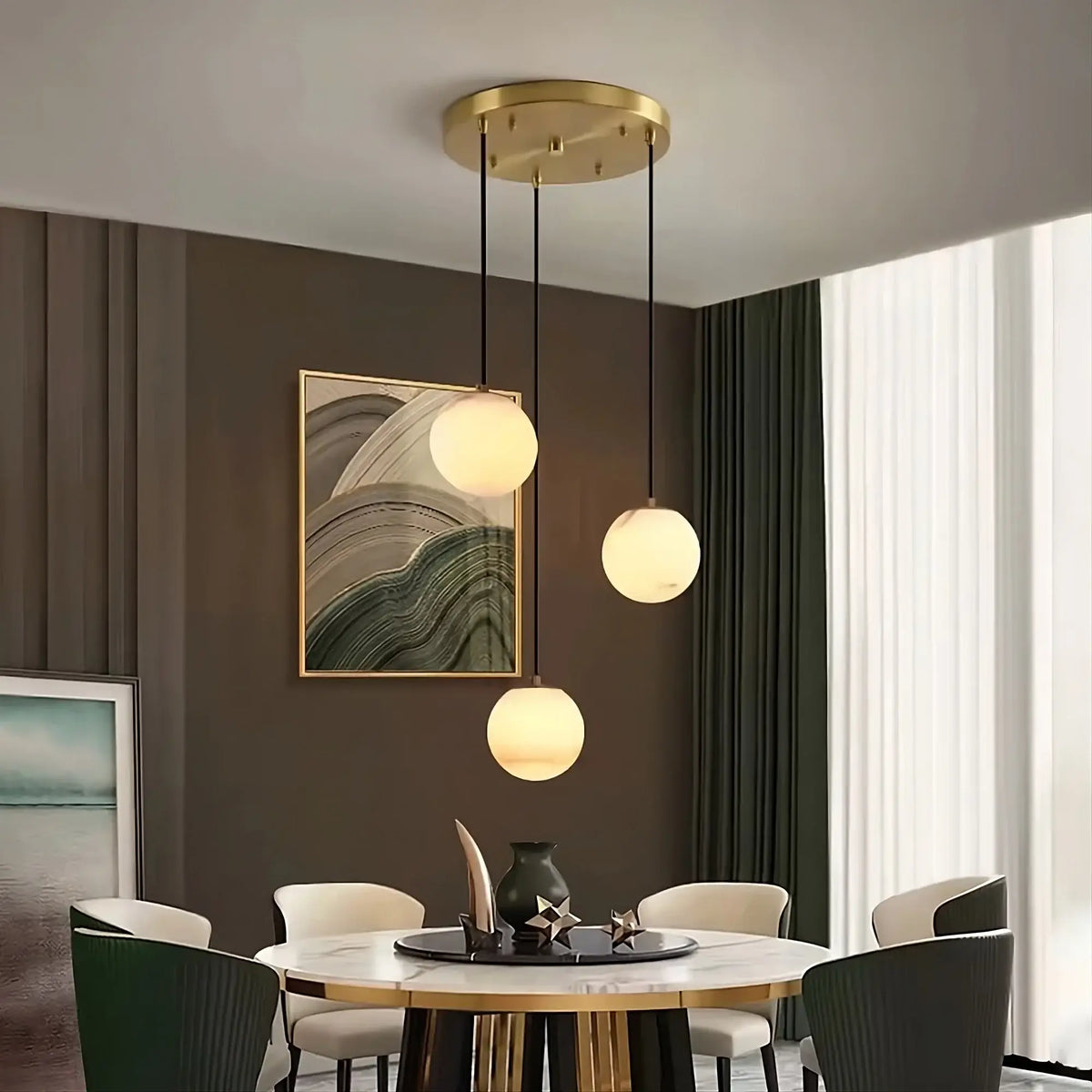 Detail of natural marble shades on the Brighton chandelier