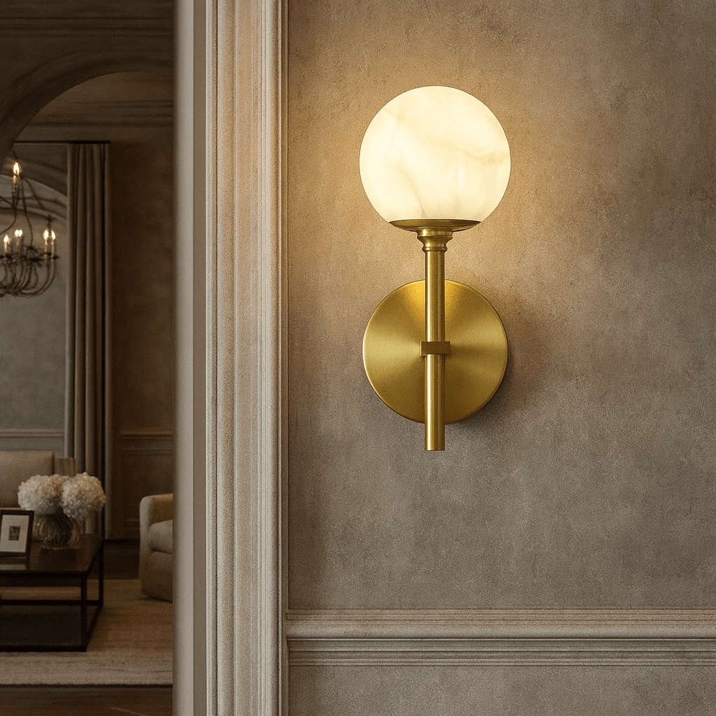 Aria marble and copper wall sconce in a hallway Main image